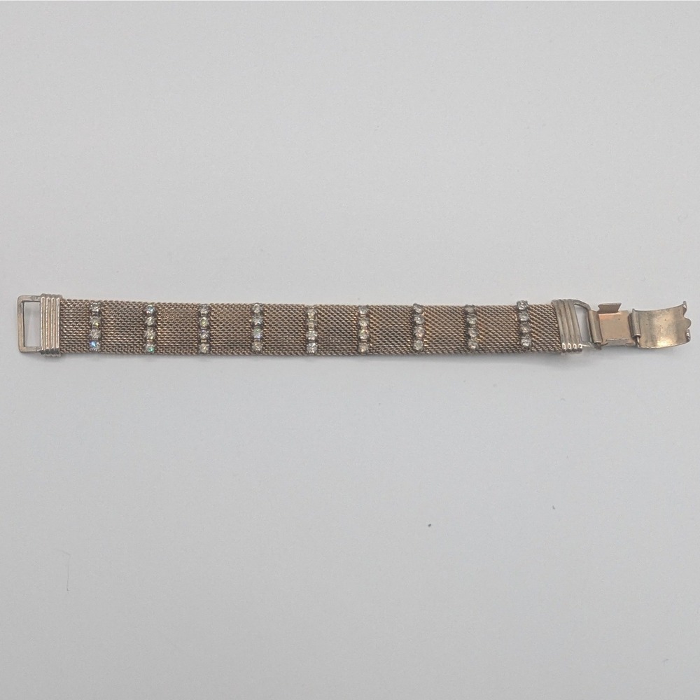 Vintage Gold Tone Mesh Slide Bracelet Clear Rhinestone Accents 7in Woven Metal